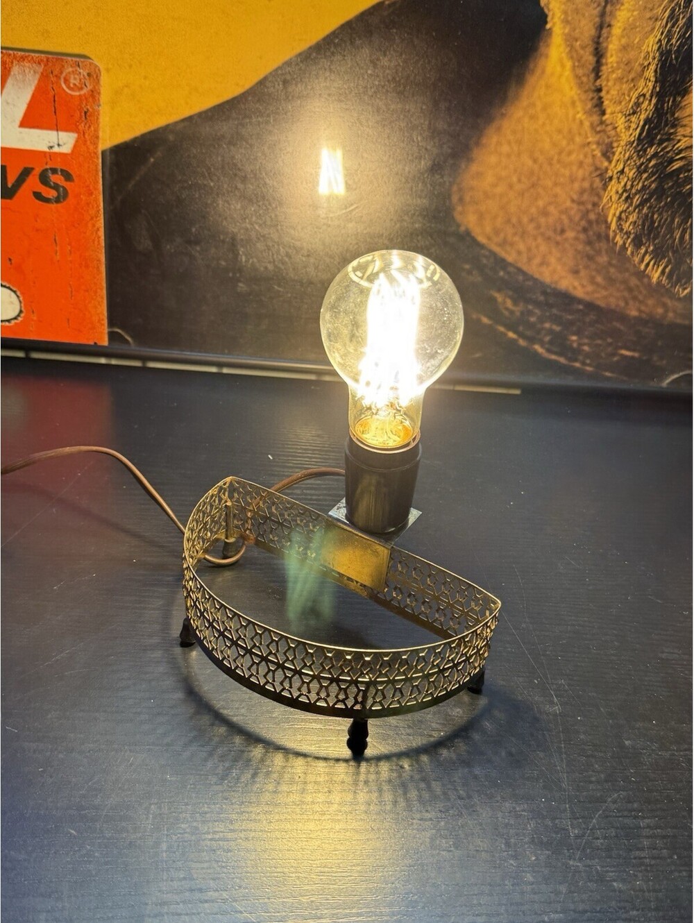 Vintage Gold Tone Filigree Vanity Tray Lamp Base Works Missing Insert Shade